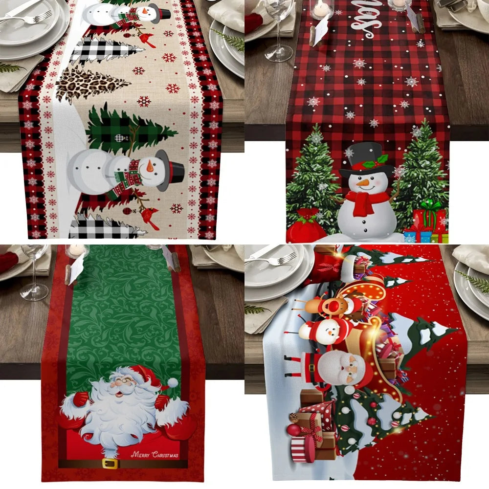 Festive Christmas Table Flag: Linen Print Snowman & Santa Design for Holiday Decor, Durable Polyester Table Mat