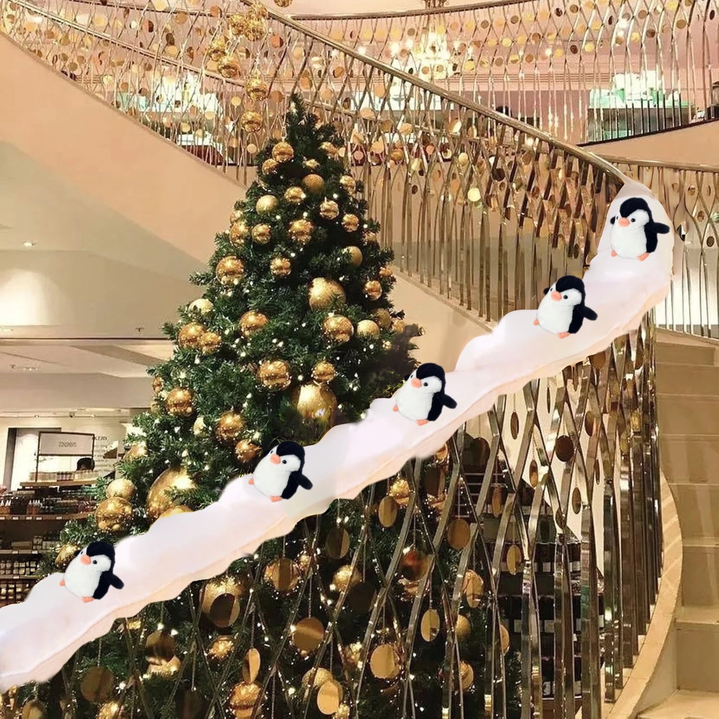 Christmas Stair Decoration Set – Faux Snow Cotton Carpet with Sliding Penguins for Festive Staircase Décor