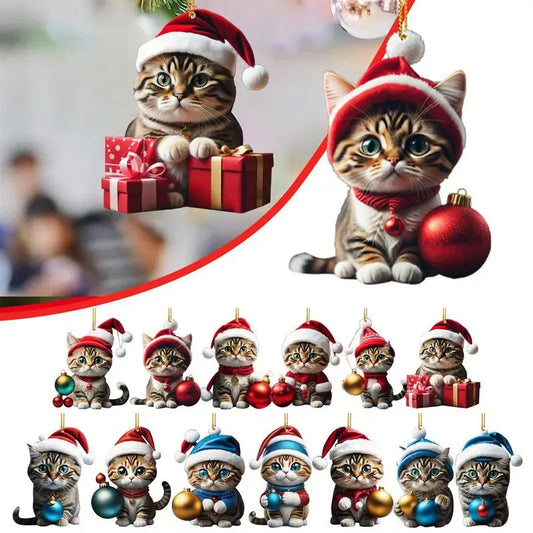 Cartoon Cat Christmas Tree Pendants: 2D Acrylic Hanging Ornaments for Festive Home Décor