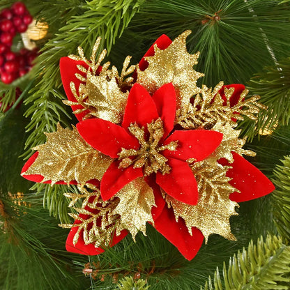 5PCS Glitter Artificial Christmas Flowers – 14cm Xmas Tree Ornaments for Holiday Home & New Year Décor