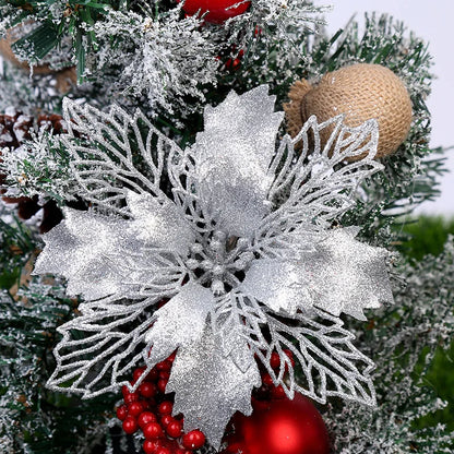 10PCS Artificial Christmas Tree Flower Glitter Decorations – Sparkling Xmas Ornaments for Tree & Holiday Décor