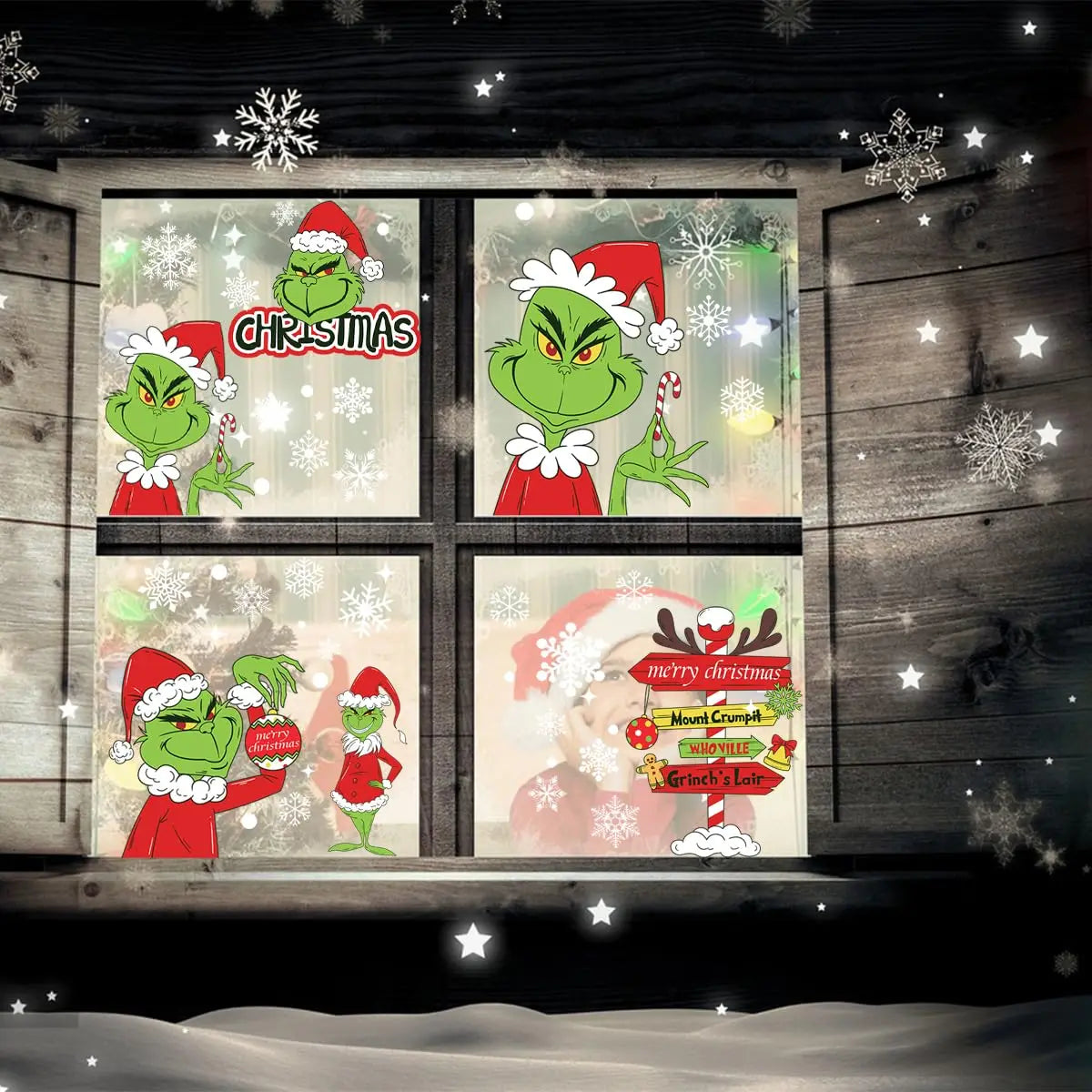 9 Sheets Grinch Window Stickers for Glass: Double-Sided Christmas Décor for Home, School & Office