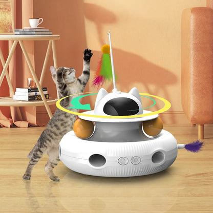 4-in-1 Interactive Cat Toy: USB-Charging Smart Turntable with Teaser Stick, Ball Chase, Feather Catcher & LED Light for Active Play & Training