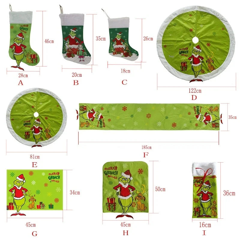 Green Shaggy Christmas Figure Set – Stockings, Tree Skirt, Table Flag & Chair Decorations