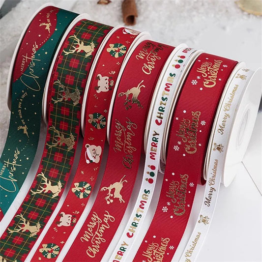 Christmas Grosgrain Ribbon Roll – 15m Decorative Printed Ribbon for Gift Wrapping & Holiday Crafts (10/15/25mm Width)