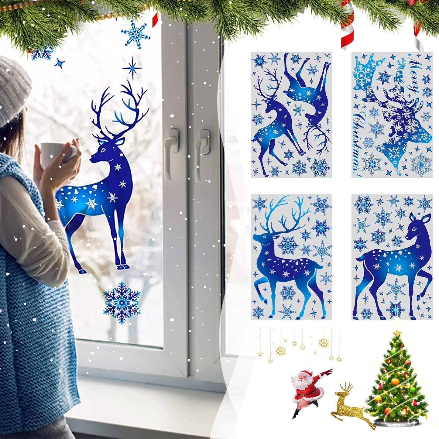 2024 Christmas Snowflake & Elk Window Clings – Blue Festive Stickers for Glass, Window, & Wall Holiday Décor