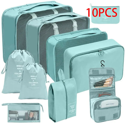 8/10-Piece Travel Storage Bag Set - Large Capacity Toiletries, Cosmetics, and Clothing Organizers for Efficient Packing