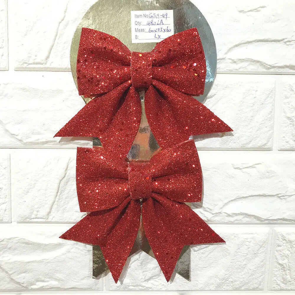 6PCS Red & Gold Glitter Christmas Bows: Sparkling Tree Decorations for Holiday Parties & Gifts