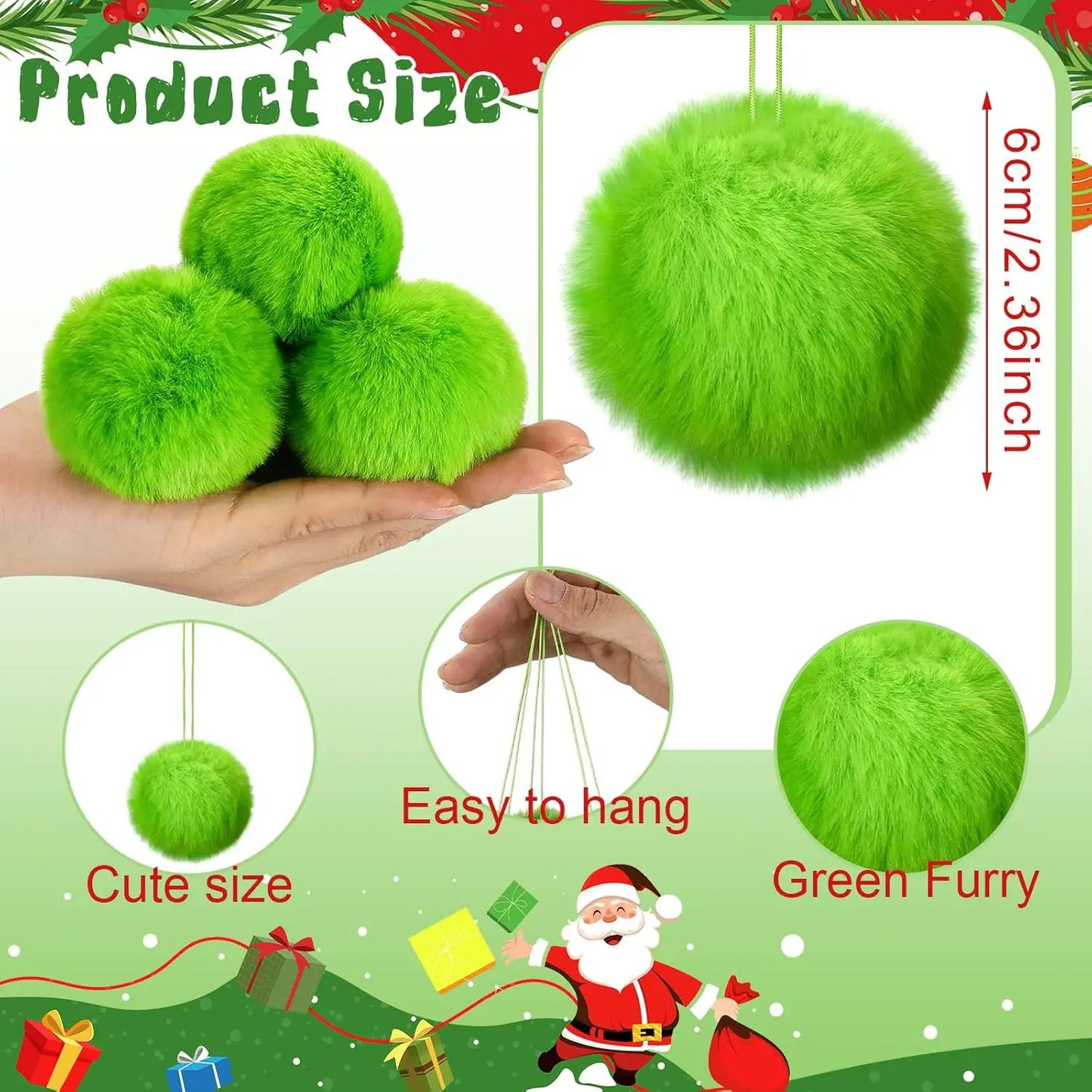 12 Pcs Furry Green Christmas Ball Ornaments: Cute Elf Christmas Decorations with Red Bow for Holiday Tree Decor