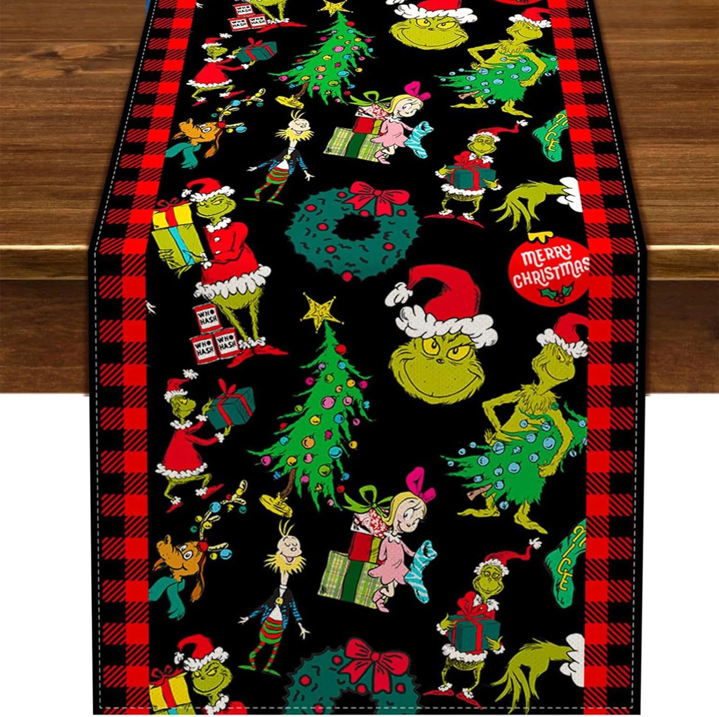 Grinch Theme Plaid Christmas Trees  Table Runner: Festive Holiday Décor for Kitchen and Dining Table