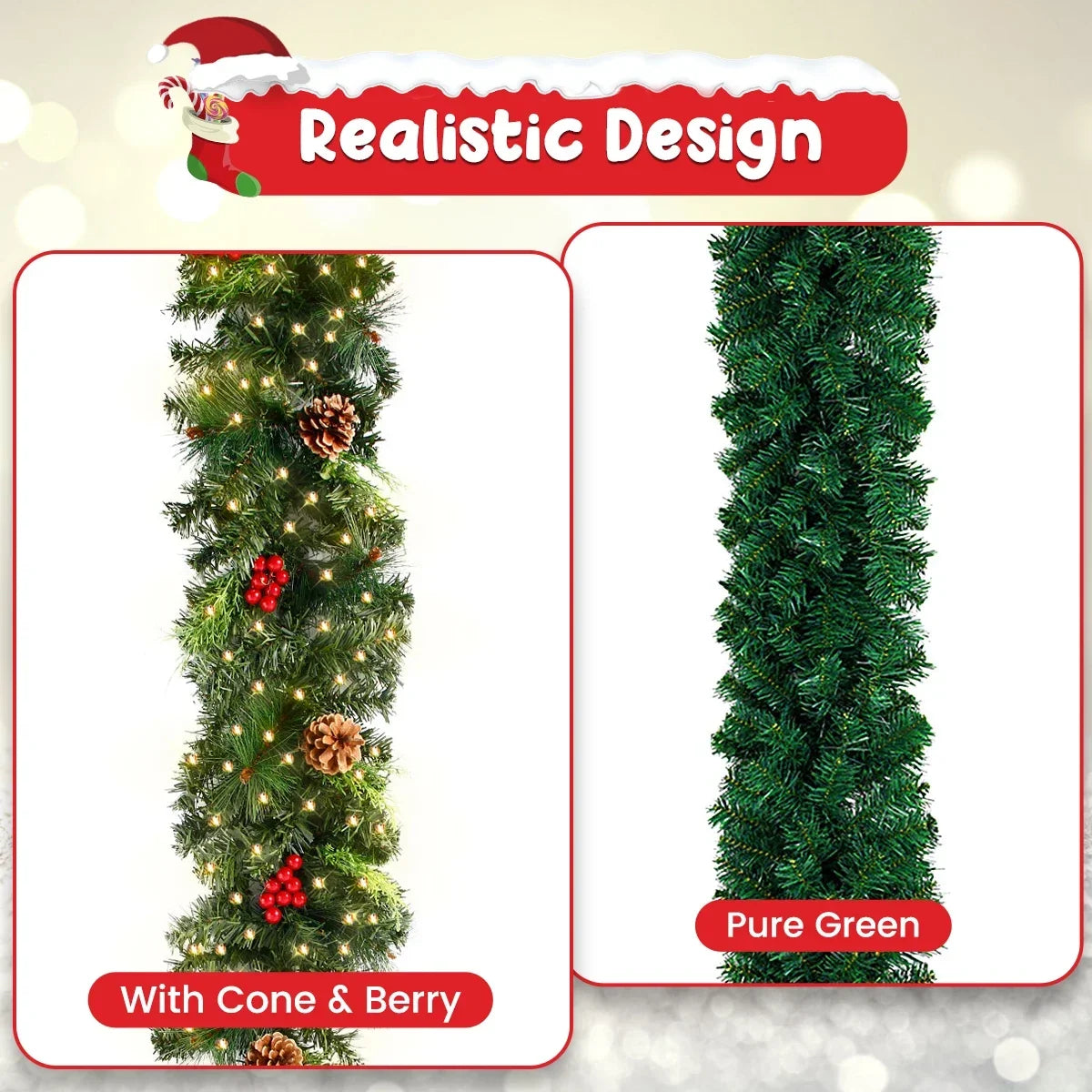 Christmas LED Rattan Wreath with Pine Cones & Red Berries – Artificial Xmas Garland for Tree, Door & Banner Decoration