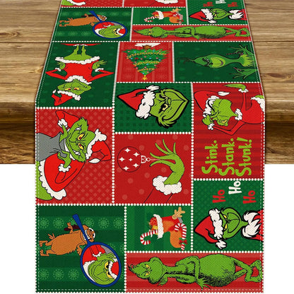 Grinch Theme Plaid Christmas Trees  Table Runner: Festive Holiday Décor for Kitchen and Dining Table