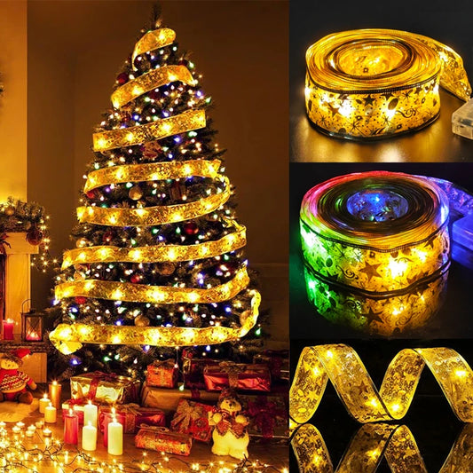 Christmas Ribbon Fairy Light String – 1M-10M Garland Lights for Tree & Home Decor, Festive Ornament for New Year 2025