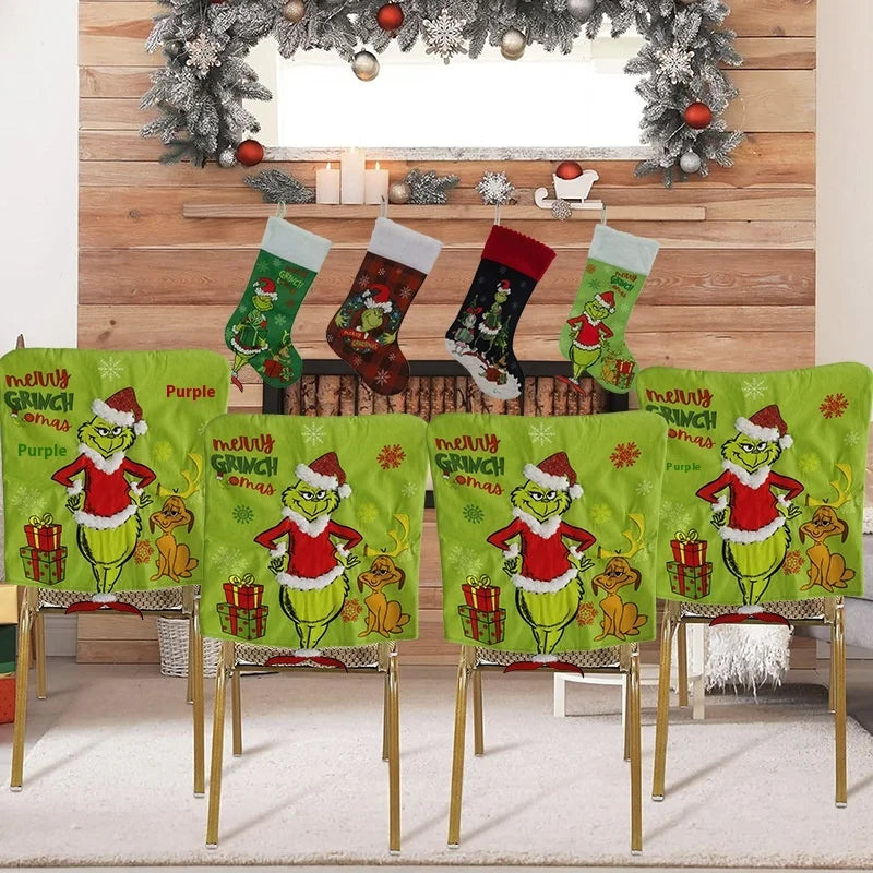 Green Shaggy Christmas Figure Set – Stockings, Tree Skirt, Table Flag & Chair Decorations