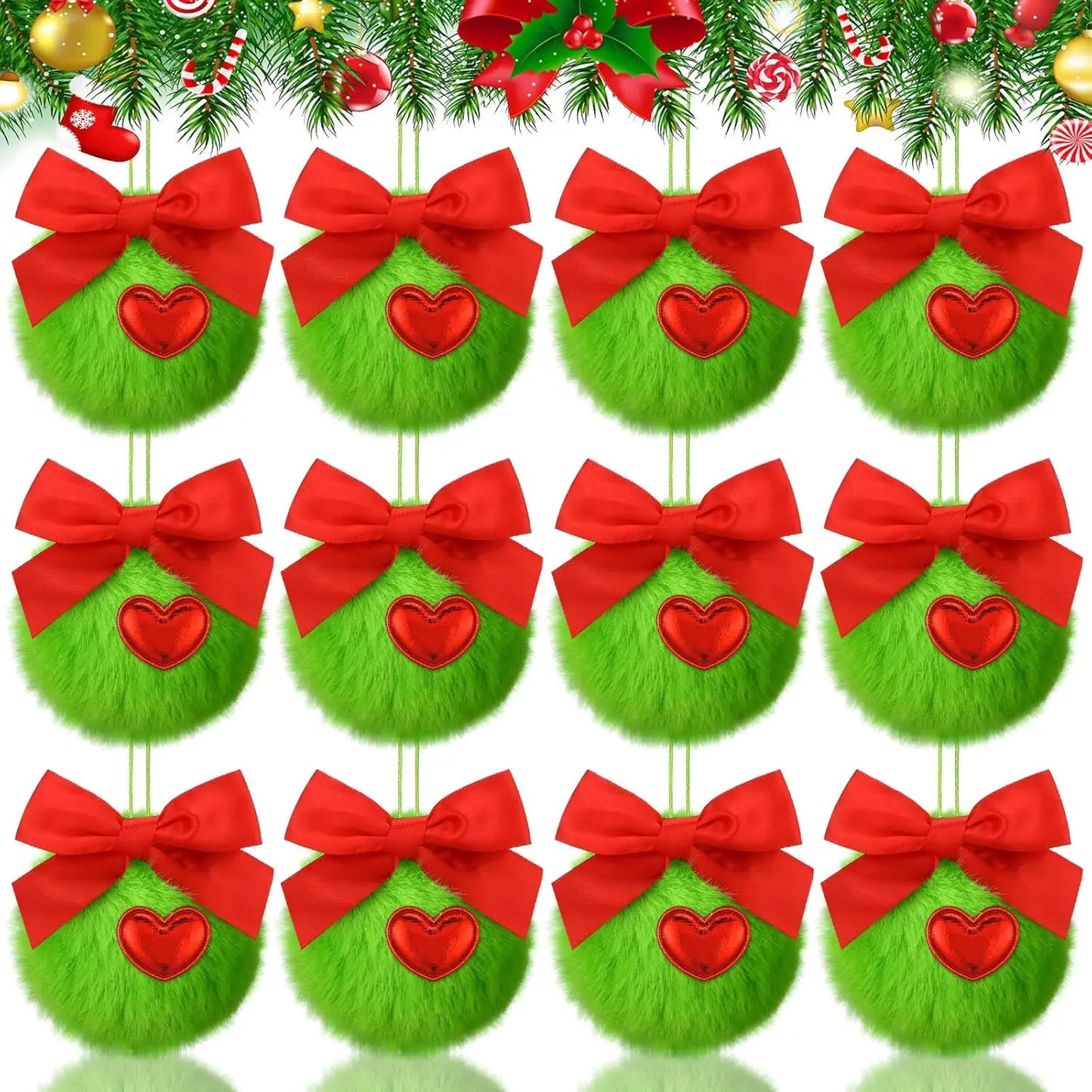 12 Pcs Furry Green Christmas Ball Ornaments: Cute Elf Christmas Decorations with Red Bow for Holiday Tree Decor