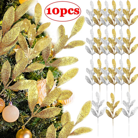 Simulated Gold Olive Leaves Branch – Artificial Shiny Gold Powder Olive Leaf for Christmas Tree, Wreath & Garland Decoration