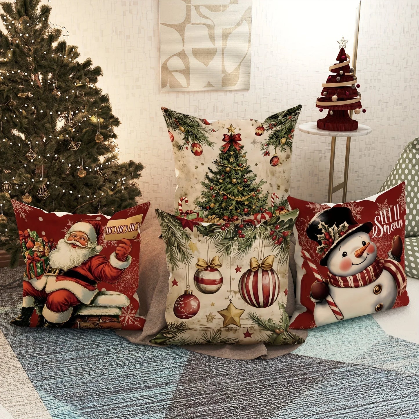 Retro Christmas Pillow Cover: Snowman & Santa Claus Cushion Cover for Living Room & Home Décor