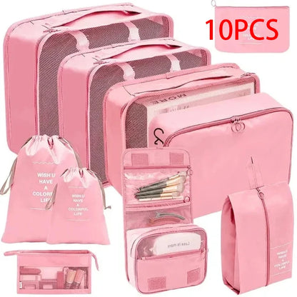 8/10-Piece Travel Storage Bag Set - Large Capacity Toiletries, Cosmetics, and Clothing Organizers for Efficient Packing