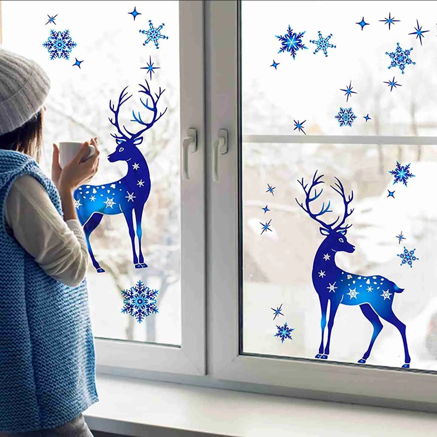 2024 Christmas Snowflake & Elk Window Clings – Blue Festive Stickers for Glass, Window, & Wall Holiday Décor