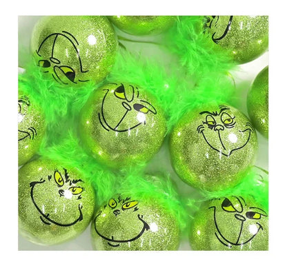 12pcs Grinch Cat Face Christmas Ball Ornaments: 6cm Green Carnival Fruit Pendant Tree Decorations for Holiday Festivities