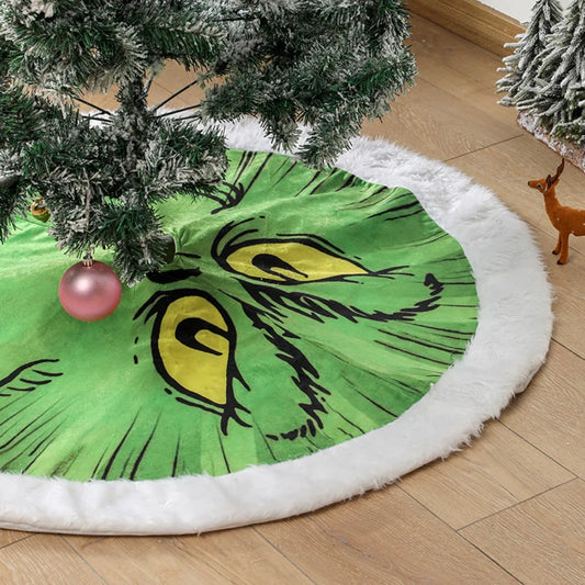 Grinch-Themed Glowing Green Fur Tree Skirt: Light-Up Plush Christmas Tree Apron for Festive Décor