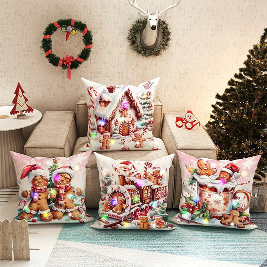 LED Light Luminous Pillowcase – Gingerbread Man & Candy House Christmas Décor