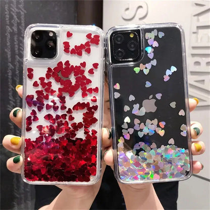 OTTWN Glitter Sequins Love Heart Case for iPhone 13, 12, 11 Pro Max, XS Max, XR, 7, 8 Plus, SE – Clear Dynamic Liquid TPU Cover