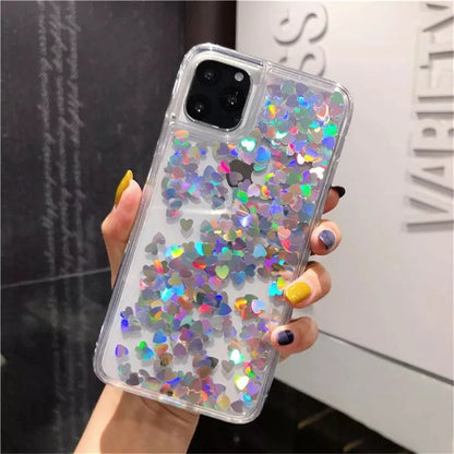 OTTWN Glitter Sequins Love Heart Case for iPhone 13, 12, 11 Pro Max, XS Max, XR, 7, 8 Plus, SE – Clear Dynamic Liquid TPU Cover