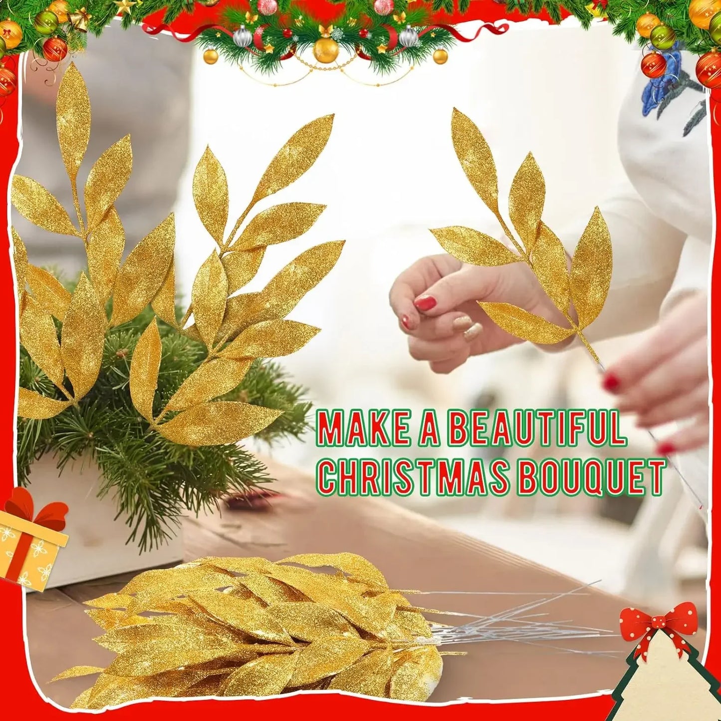 Artificial Glitter Olive Leaves: 1-20PCS Gold and Silver Xmas Tree Ornaments for DIY Christmas Décor, Home, and Party Decorations