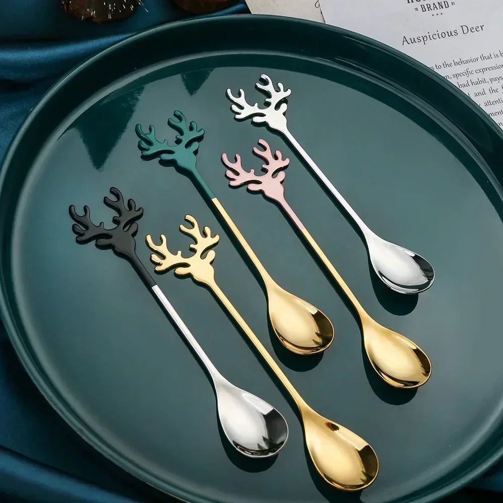 4PCS Christmas Elk Head Stainless Steel Coffee Spoons – Festive Table Decor & Holiday Gifts