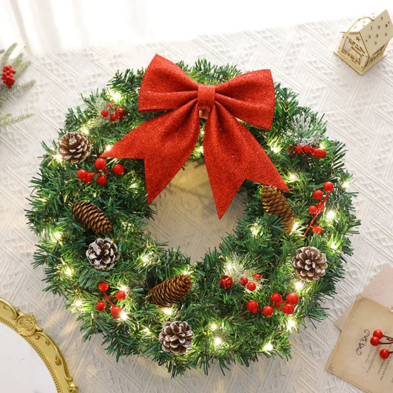 40-60cm LED Rattan Vine Christmas Wreath with Pine Cones – Holiday Garland for Door, Window & Wall Decor