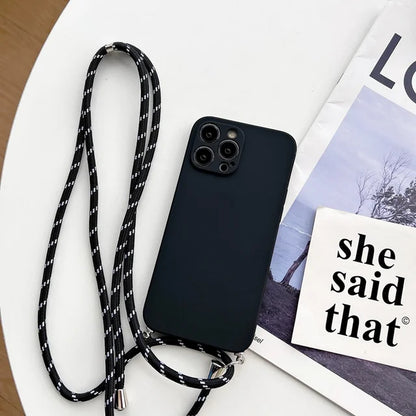 Simple Crossbody Lanyard Silicone Case For iPhone 15 11 12 13 14 Pro Max XR X XS 7 8 Plus Cord Rope Necklace Strap Soft Cover